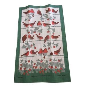 Vintage Ulster Irish Linen Tea Towel Strawberries Robin Red Breast Made Ireland